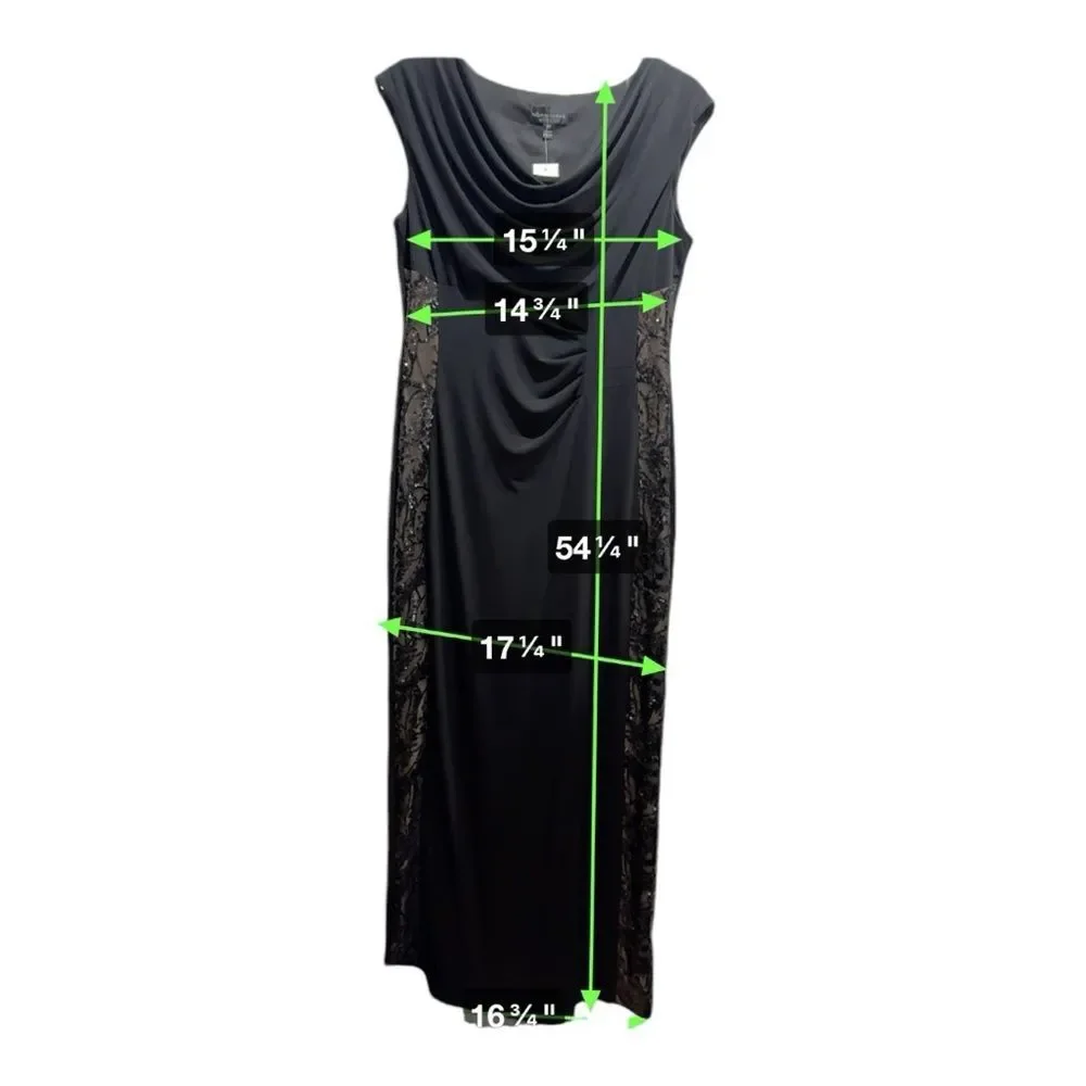 Connected Apparel Long Black Sequined Side Panel Cocktail Dress 12P - Picture 5 of 10
